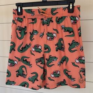 Boys Abercrombie Kids Coral Swim Shorts with Green Alligator Print